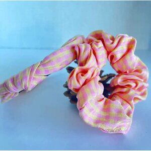Girls Pink & Yellow Check Headband & Scrunchie Set – Stylish Hair Accessory Bund